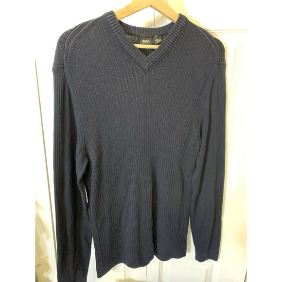 Hugo‎ Boss Midnight Blue Stripe V Neck Wool Sweater - Picture 5 of 6